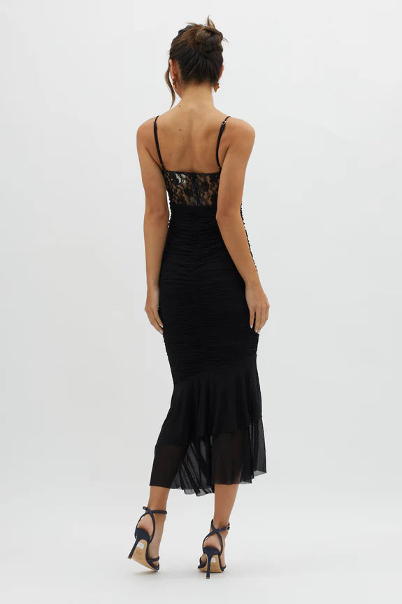Spaghetti Straps Lace Insert Ruched Tiered Mesh Black Midi Evening Dress