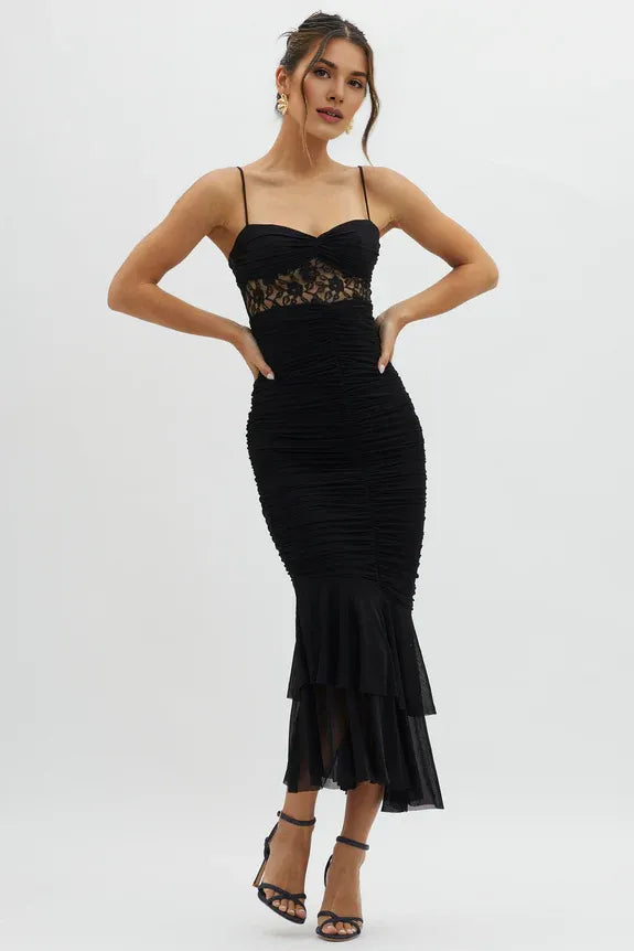Spaghetti Straps Lace Insert Ruched Tiered Mesh Black Midi Evening Dress