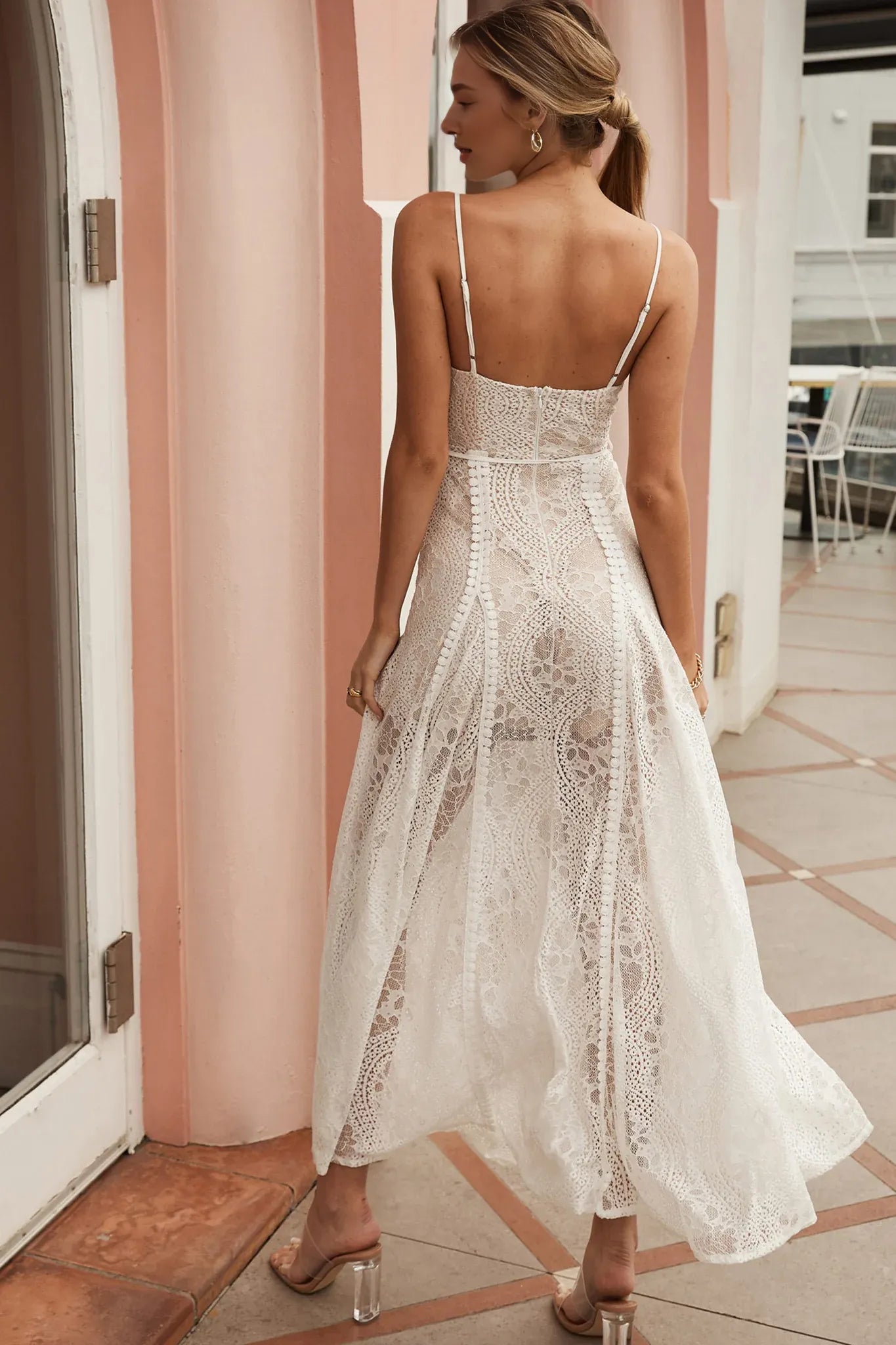 Spaghetti Straps Lace Overlay Navy Maxi Evening Dress With Buttons