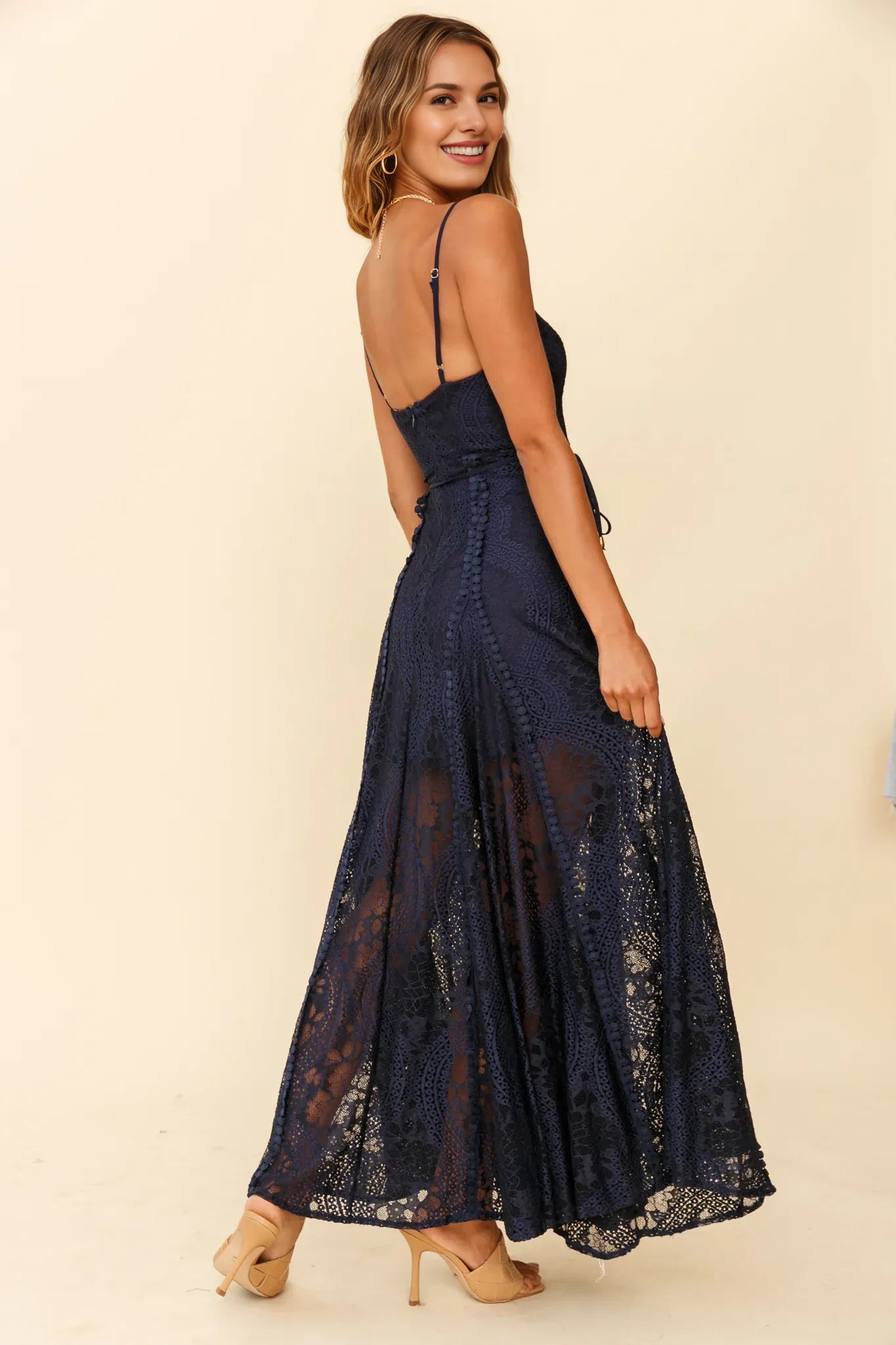 Spaghetti Straps Lace Overlay Navy Maxi Evening Dress With Buttons