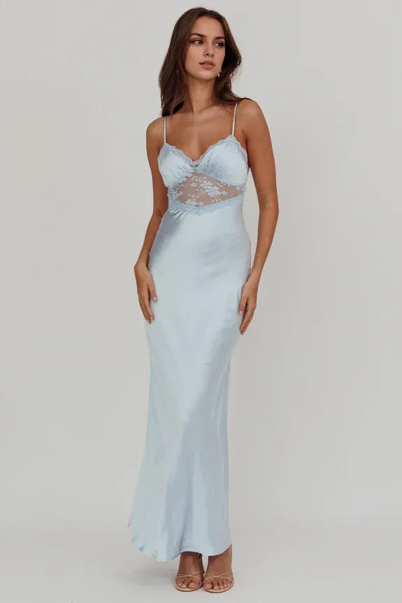 Spaghetti Straps Lace Trim Satin Steel Blue Maxi Homecoming Dress Prom Dress