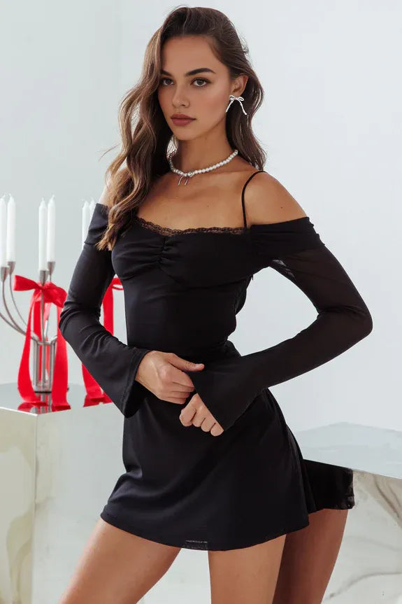Spaghetti Straps Long Sleeve Black Mini Homecoming Dress With Lace Tie