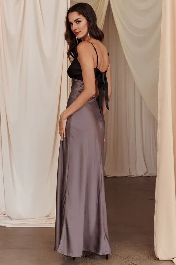 Spaghetti Straps Low Bow Tie Back Cutout Charcoal Maxi Evening Dress