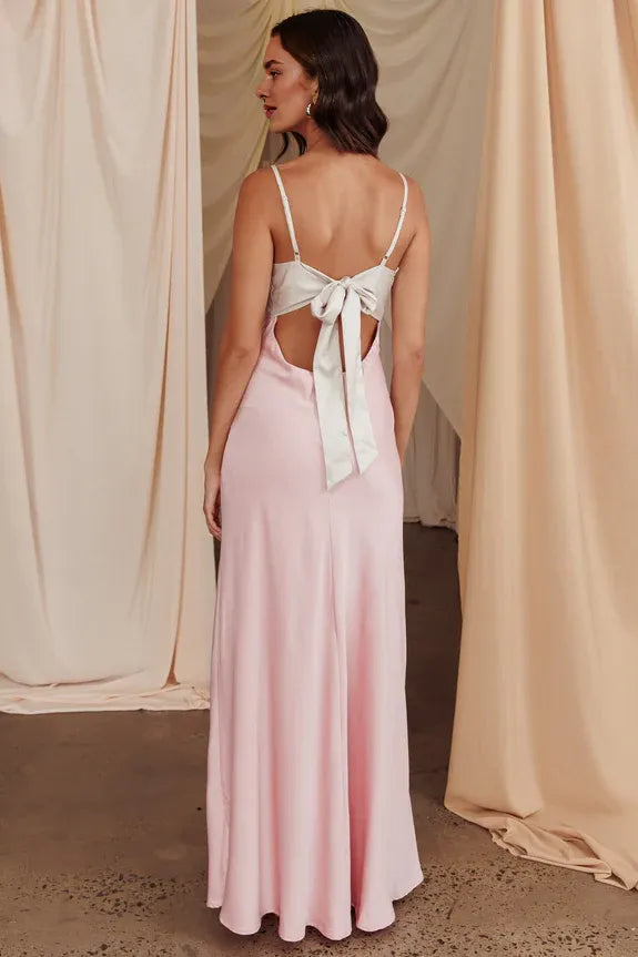 Spaghetti Straps Low Bow Tie Back Cutout Pink Maxi Evening Dress