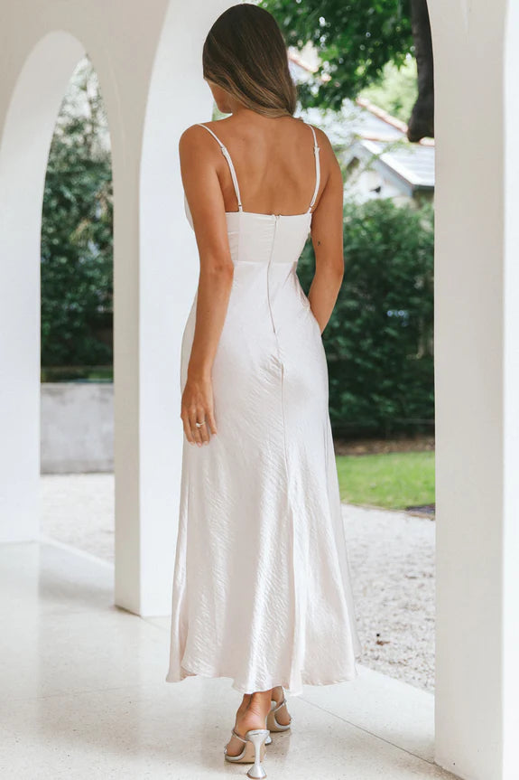 Spaghetti Straps Pintuck Bust Champagne Maxi Evening Dress Custom