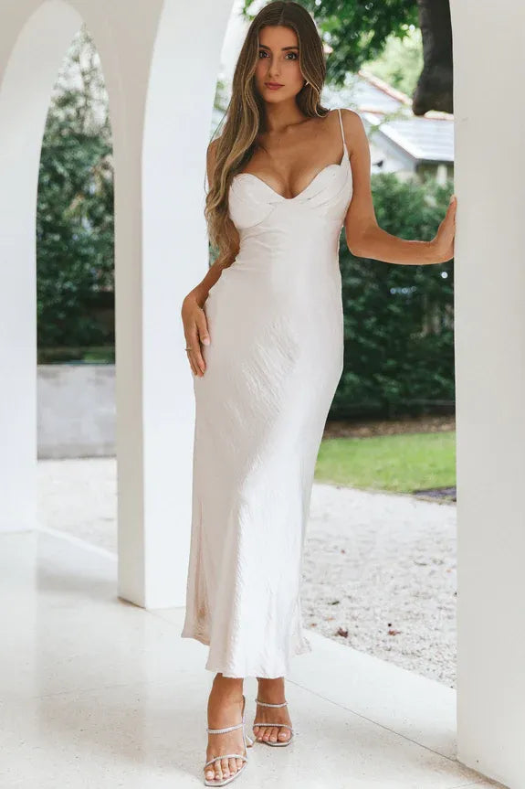 Spaghetti Straps Pintuck Bust Champagne Maxi Evening Dress Custom