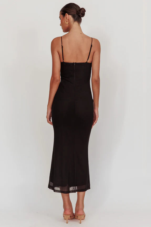 Spaghetti Straps Pleated Bow Bust Mesh Black Maxi Evening Dress For Women