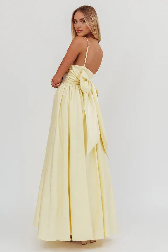 Spaghetti Straps Pleated Butter Maxi Homecoming Dress With Back Bow