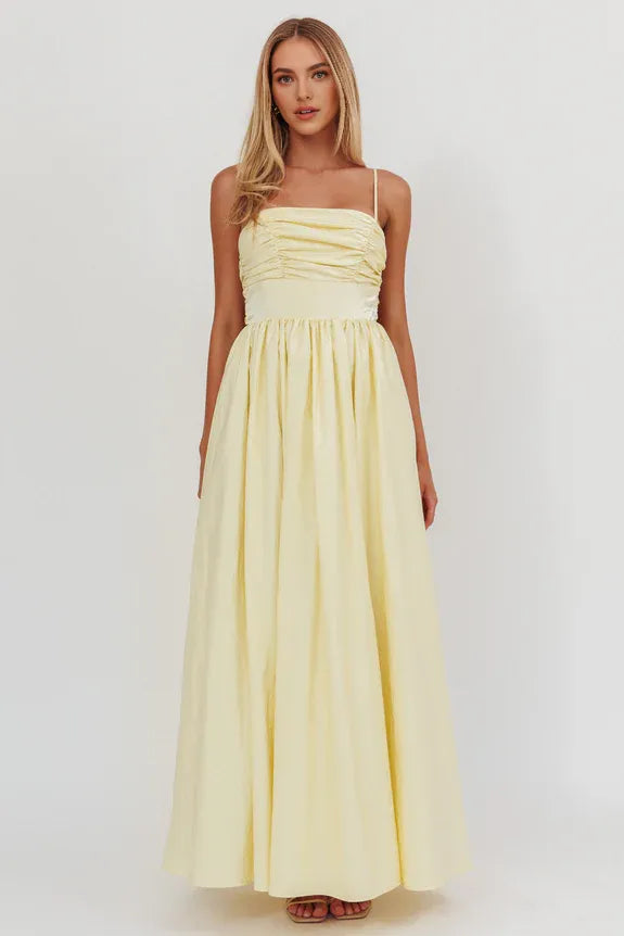 Spaghetti Straps Pleated Butter Maxi Homecoming Dress With Back Bow
