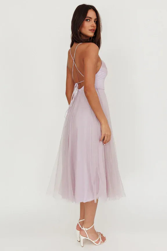 Spaghetti Straps Pleated Neckline Mesh Tulle Lilac Midi Evening Dress