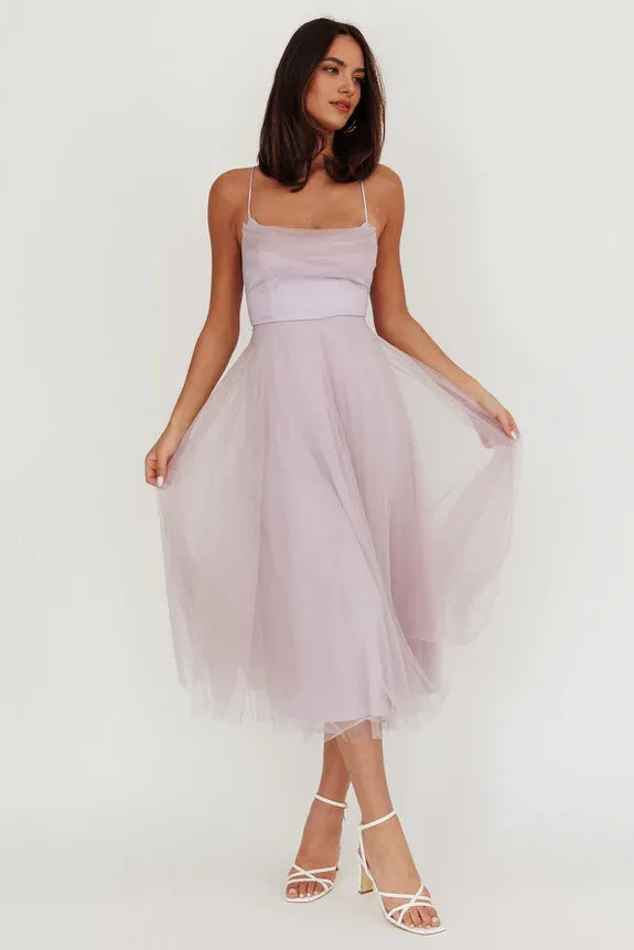 Spaghetti Straps Pleated Neckline Mesh Tulle Lilac Midi Evening Dress