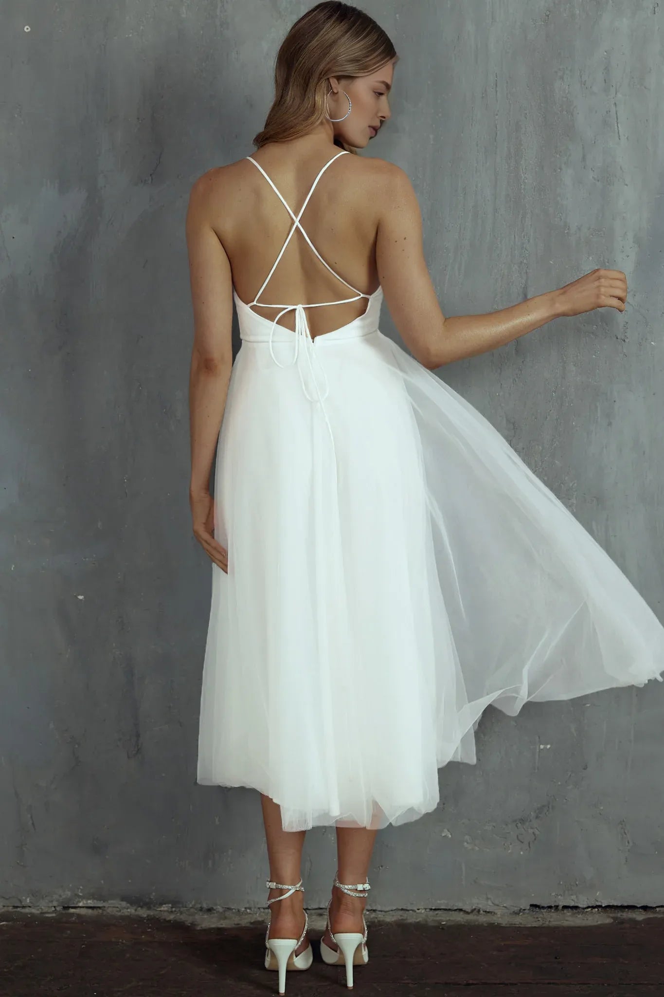 Spaghetti Straps Pleated Neckline Mesh Tulle Sage Midi Evening Dress