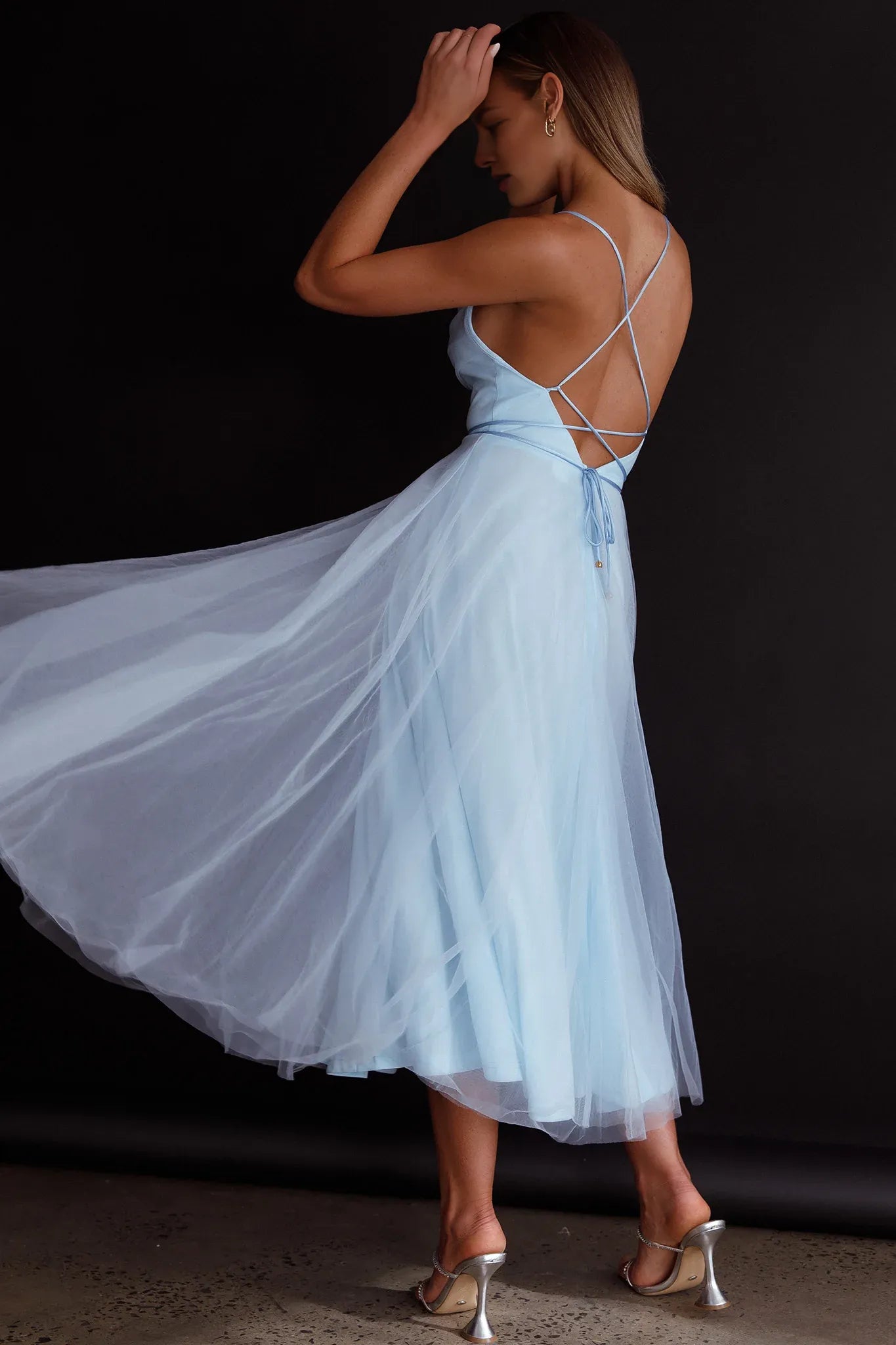 Spaghetti Straps Pleated Neckline Mesh Tulle Sage Midi Evening Dress