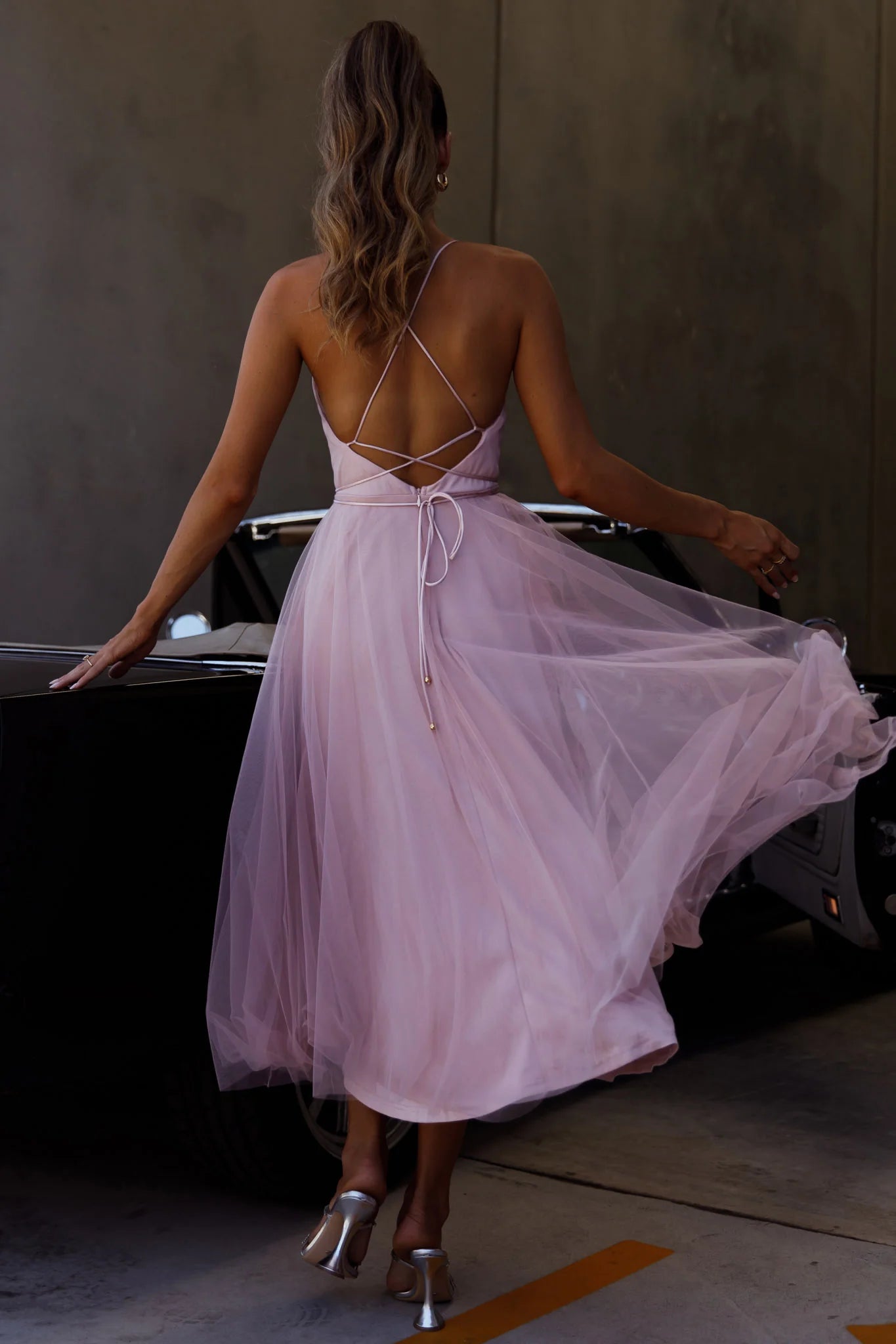 Spaghetti Straps Pleated Neckline Mesh Tulle Sage Midi Evening Dress