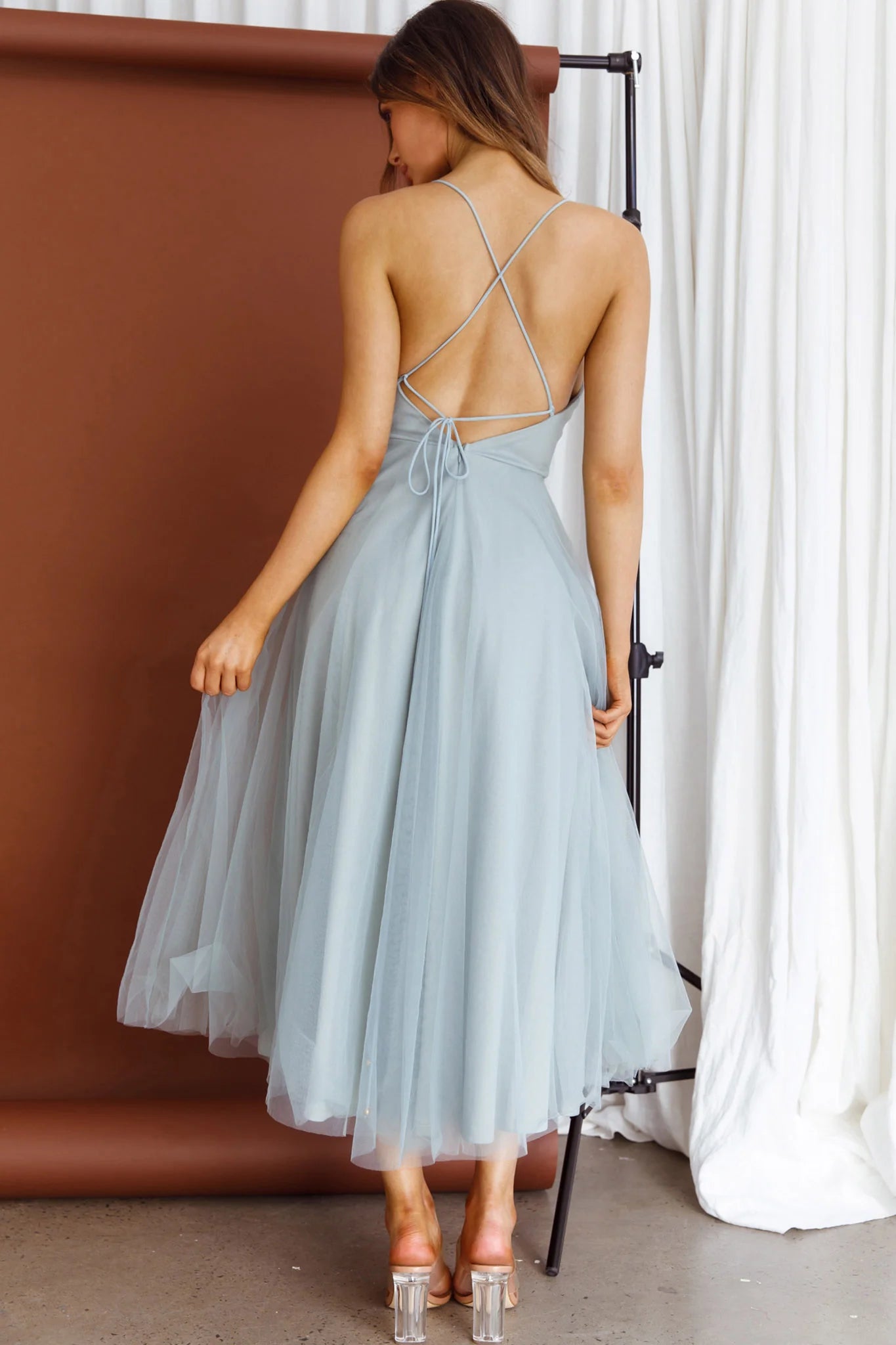 Spaghetti Straps Pleated Neckline Mesh Tulle Sage Midi Evening Dress