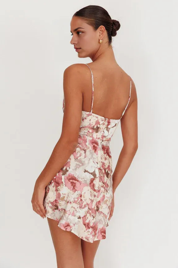 Spaghetti Straps Pleated Printing Rose Satin Mini Homecoming Dress