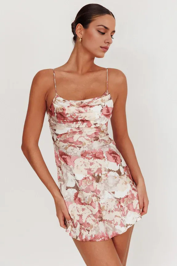 Spaghetti Straps Pleated Printing Rose Satin Mini Homecoming Dress