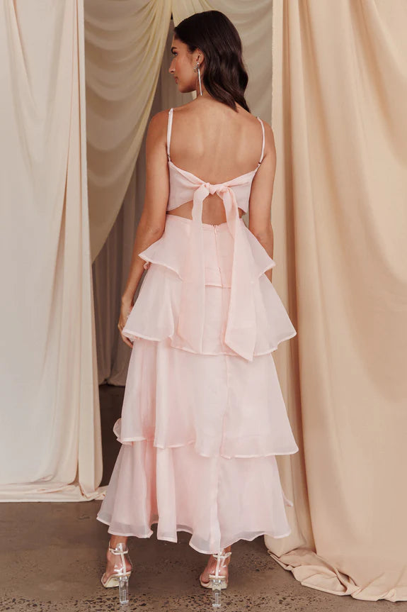 Spaghetti Straps Pleated Ruffle Tiered Blush Midi Evening Dress Prom Dress