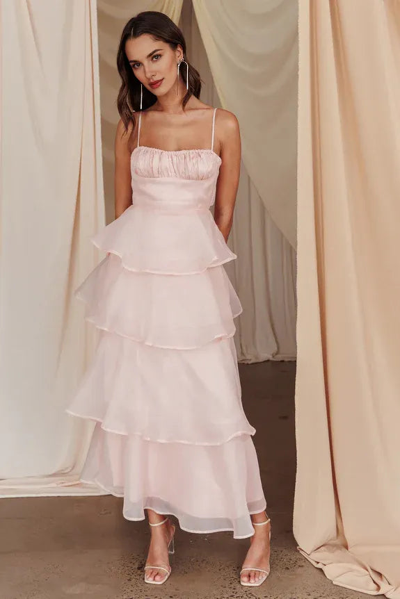 Spaghetti Straps Pleated Ruffle Tiered Blush Midi Evening Dress Prom Dress