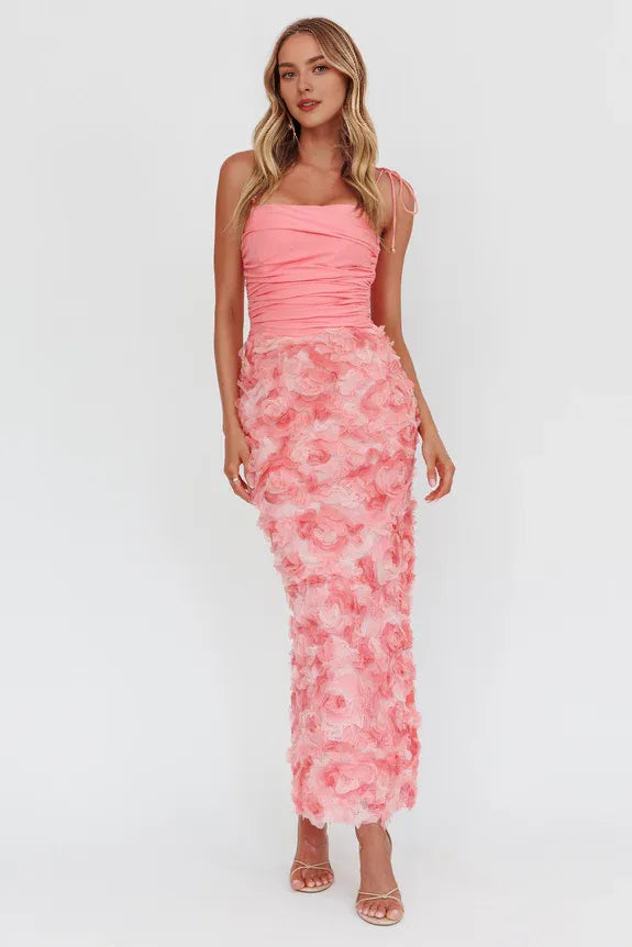 Spaghetti Straps Pleated Textured Floral Pink Maxi Homecoming Dress Prom Dress