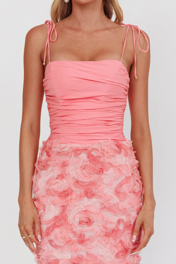 Spaghetti Straps Pleated Textured Floral Pink Maxi Homecoming Dress Prom Dress