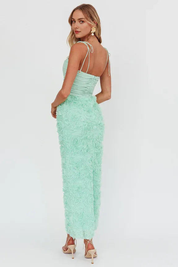 Spaghetti Straps Pleated Textured Floral Sage Maxi Homecoming Dress Prom Dress
