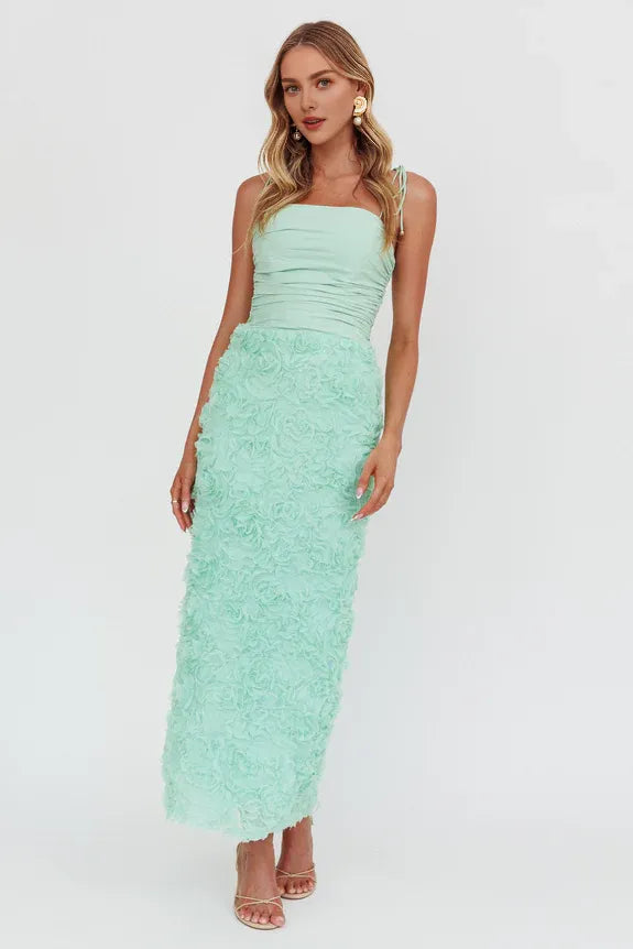 Spaghetti Straps Pleated Textured Floral Sage Maxi Homecoming Dress Prom Dress