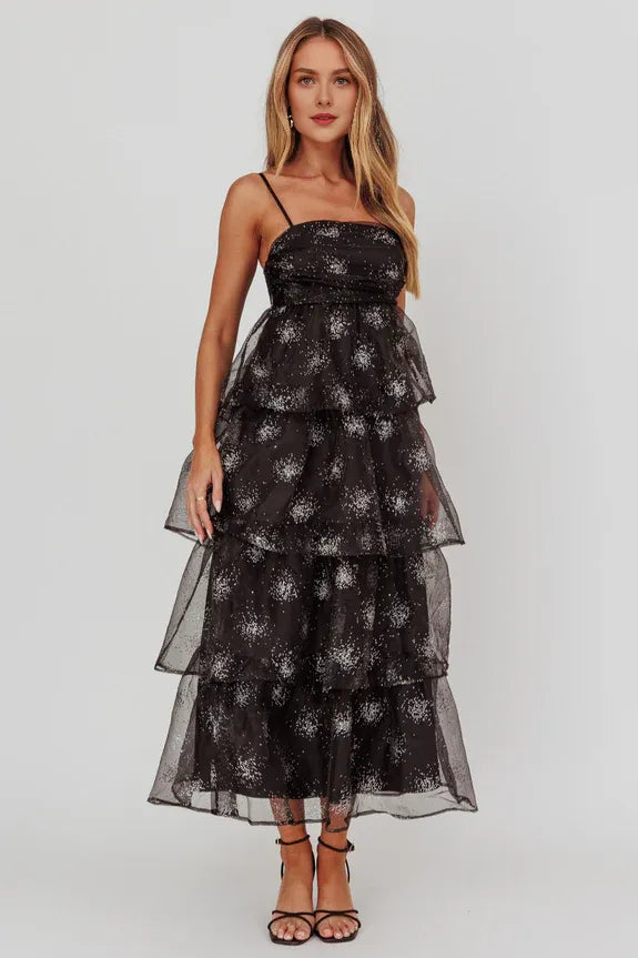 Spaghetti Straps Pleated Tiered Glitter Black Maxi Homecoming Dress Prom Dress