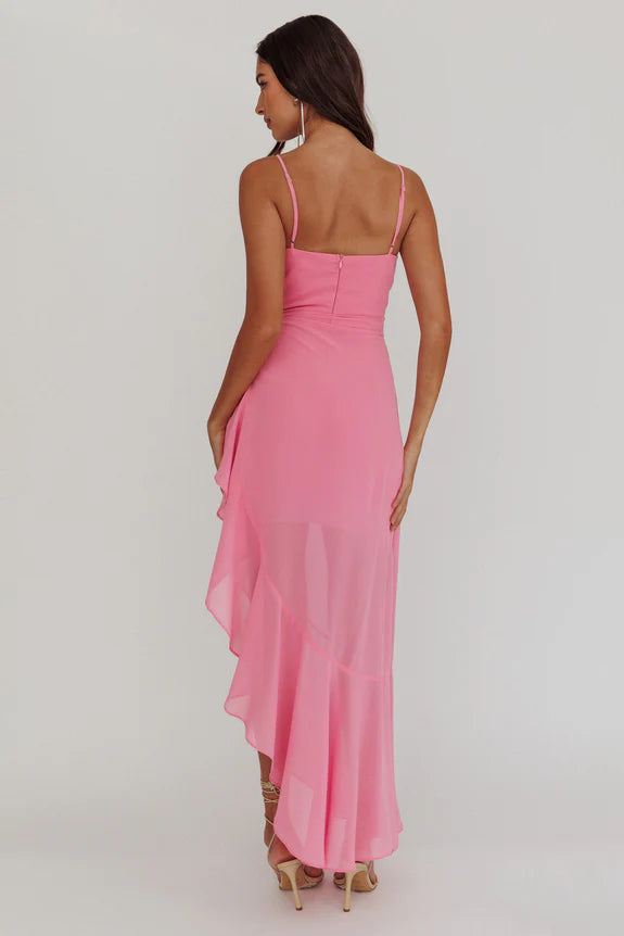 Spaghetti Straps Pleated Waist Tie Asymmetric Pink Maxi Homecoming Dress Prom Dress