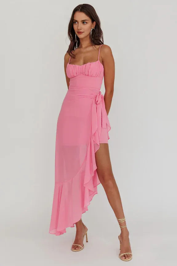 Spaghetti Straps Pleated Waist Tie Asymmetric Pink Maxi Homecoming Dress Prom Dress