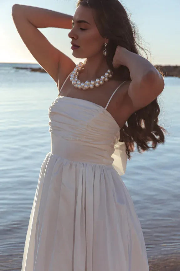 Spaghetti Straps Pleated White Maxi Homecoming Dress With Back Bow