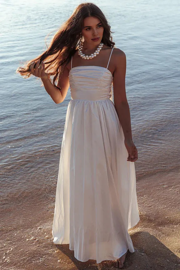 Spaghetti Straps Pleated White Maxi Homecoming Dress With Back Bow