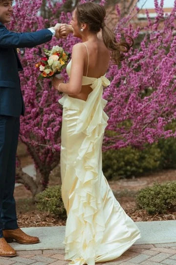 Spaghetti Straps Red V-Neck Side Slit Ruffle Long Prom Dress