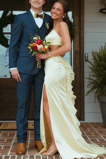 Spaghetti Straps Red V-Neck Side Slit Ruffle Long Prom Dress