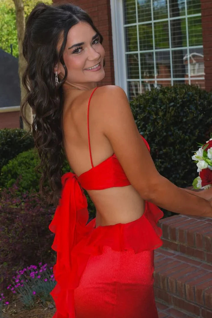 Spaghetti Straps Red V-Neck Side Slit Ruffle Long Prom Dress