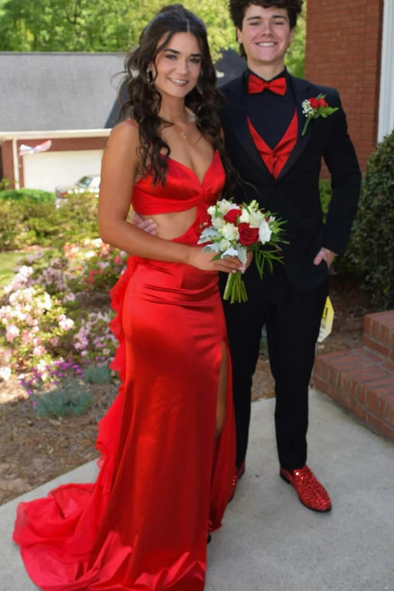 Spaghetti Straps Red V-Neck Side Slit Ruffle Long Prom Dress