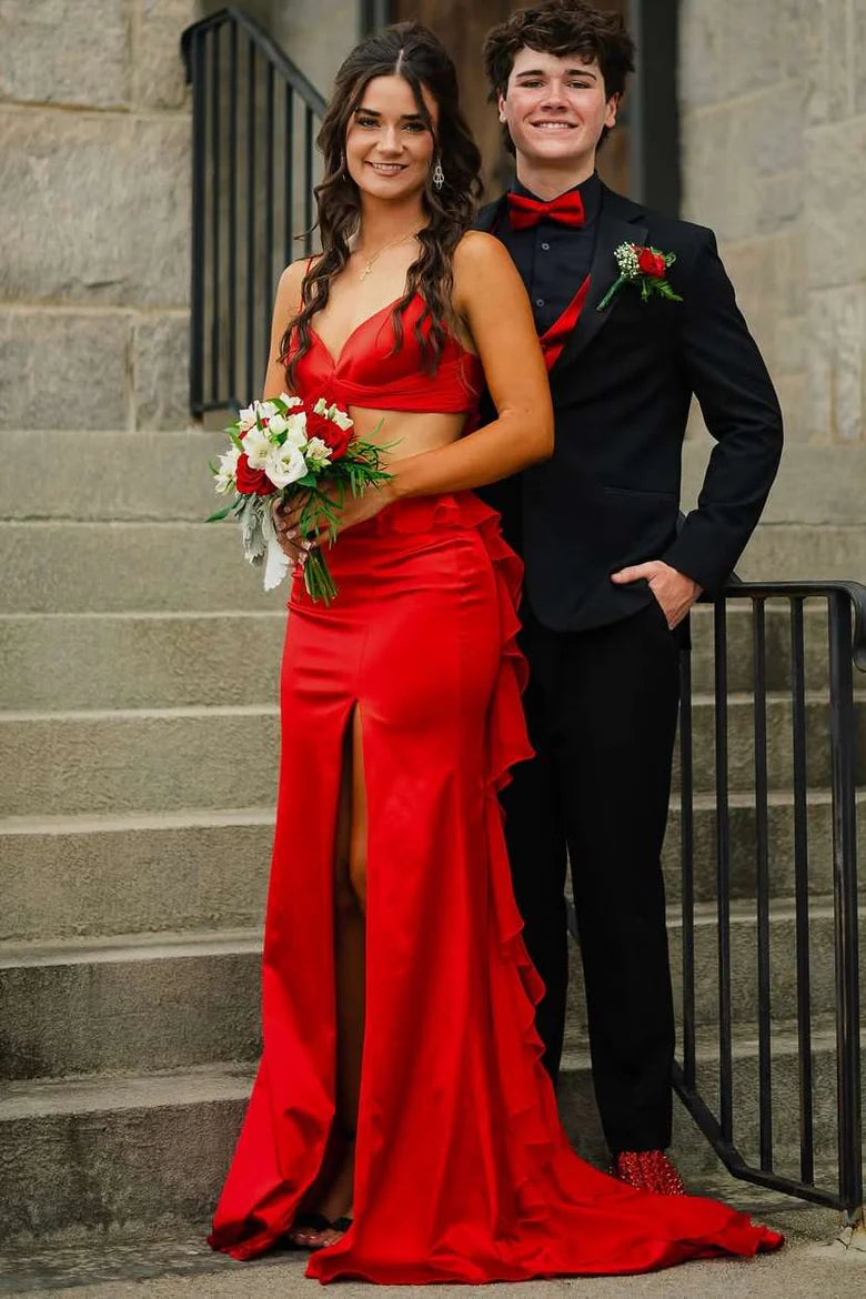 Spaghetti Straps Red V-Neck Side Slit Ruffle Long Prom Dress