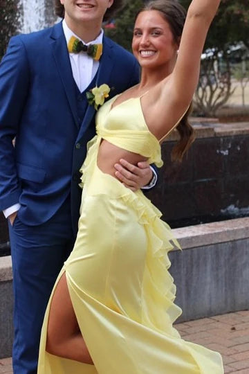 Spaghetti Straps Red V-Neck Side Slit Ruffle Long Prom Dress