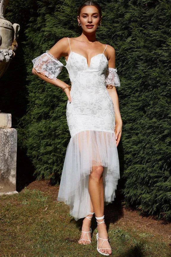 Spaghetti Straps Removable Sleeve High-low Sequin White Midi Evening Dress