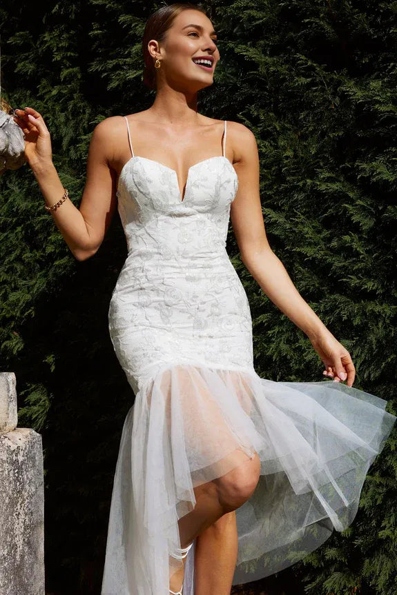 Spaghetti Straps Removable Sleeve High-low Sequin White Midi Evening Dress