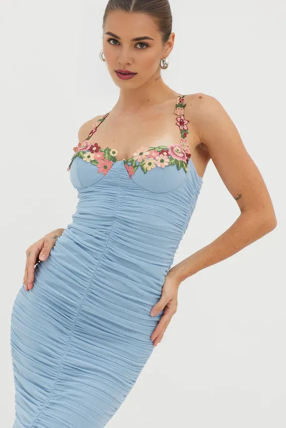 Spaghetti Straps Rose Garden Bodycon Ruched Mesh Blue Midi Evening Dress