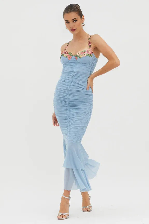 Spaghetti Straps Rose Garden Bodycon Ruched Mesh Blue Midi Evening Dress