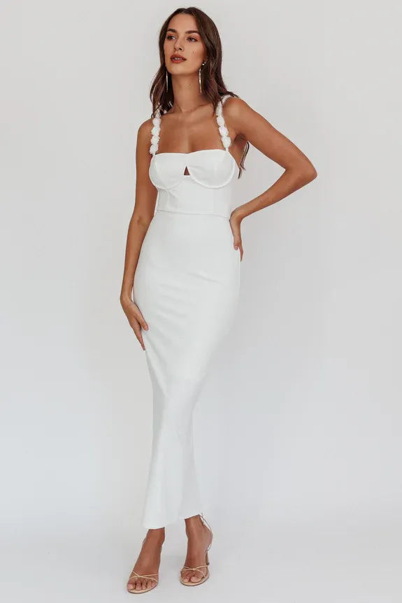 Spaghetti Straps Rosette Strap keyhole Bodycon Slit White Midi Evening Dress