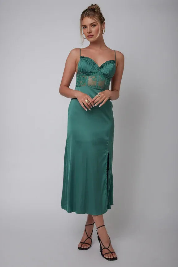 Spaghetti Straps Ruffle Lace Bodice Emerald Midi Evening Dress With Slit