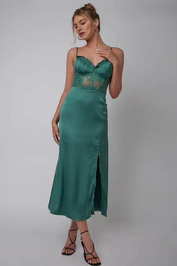 Spaghetti Straps Ruffle Lace Bodice Emerald Midi Evening Dress With Slit