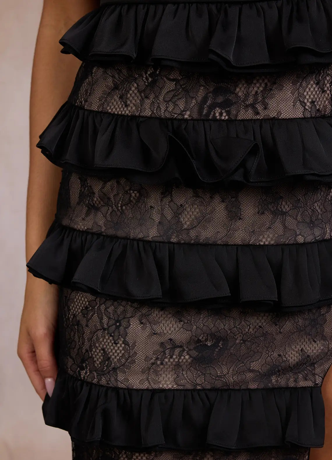 Spaghetti Straps Ruffle Lace Satin Black Ankle Length Evening Dress With Slit