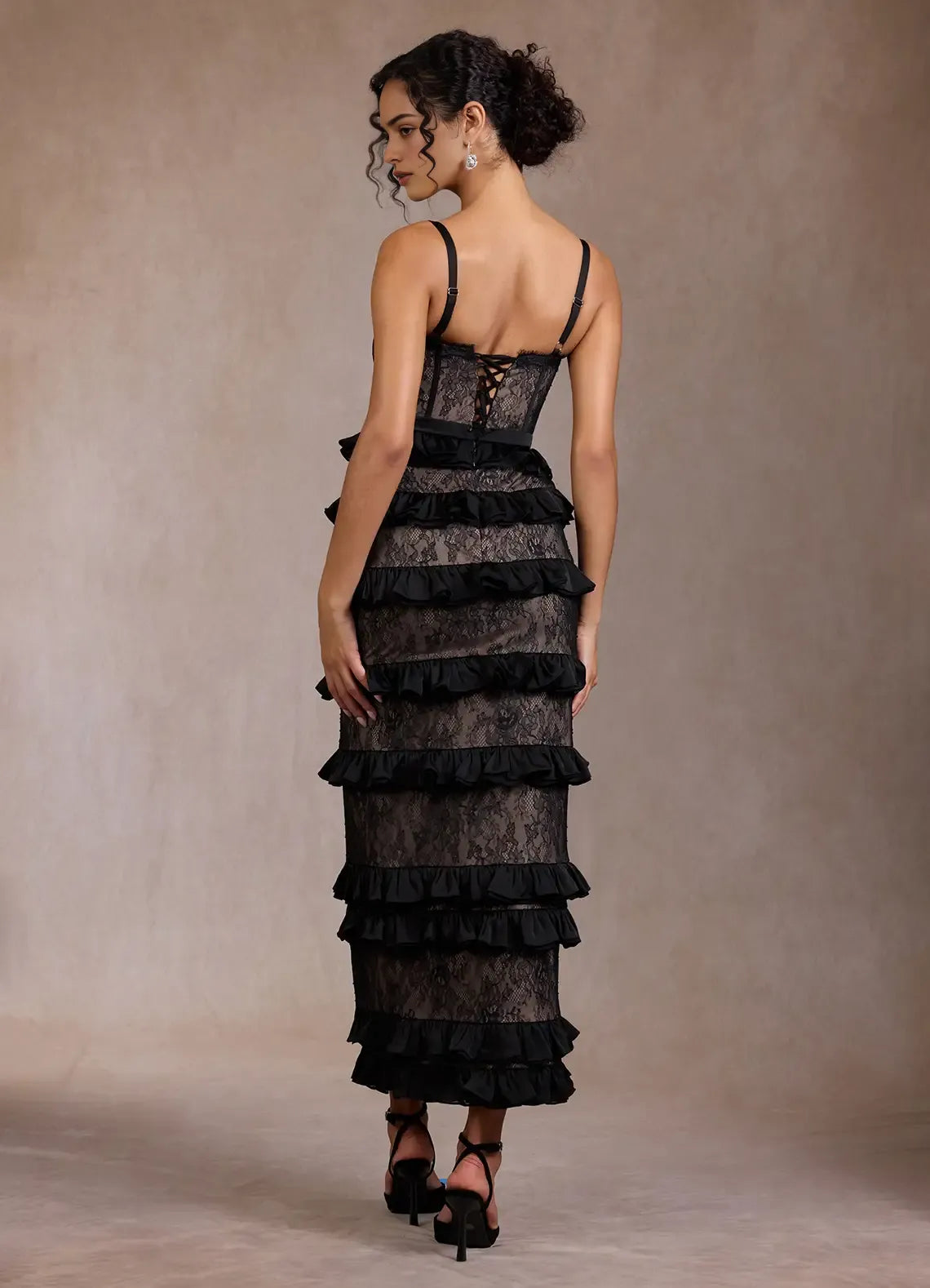 Spaghetti Straps Ruffle Lace Satin Black Ankle Length Evening Dress With Slit