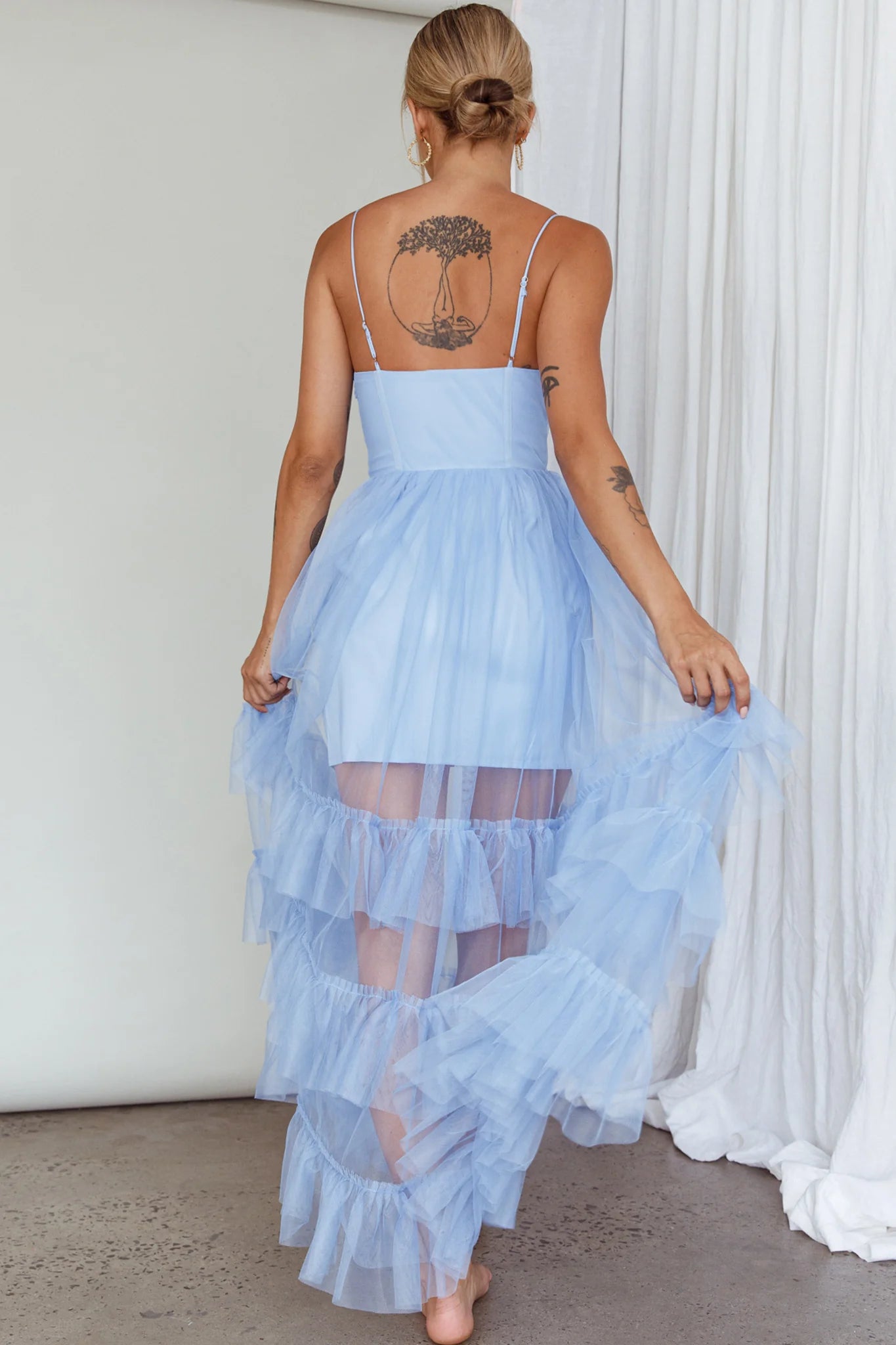 Spaghetti Straps Ruffle Mesh Sky Blue Maxi Evening Dress Party Dress