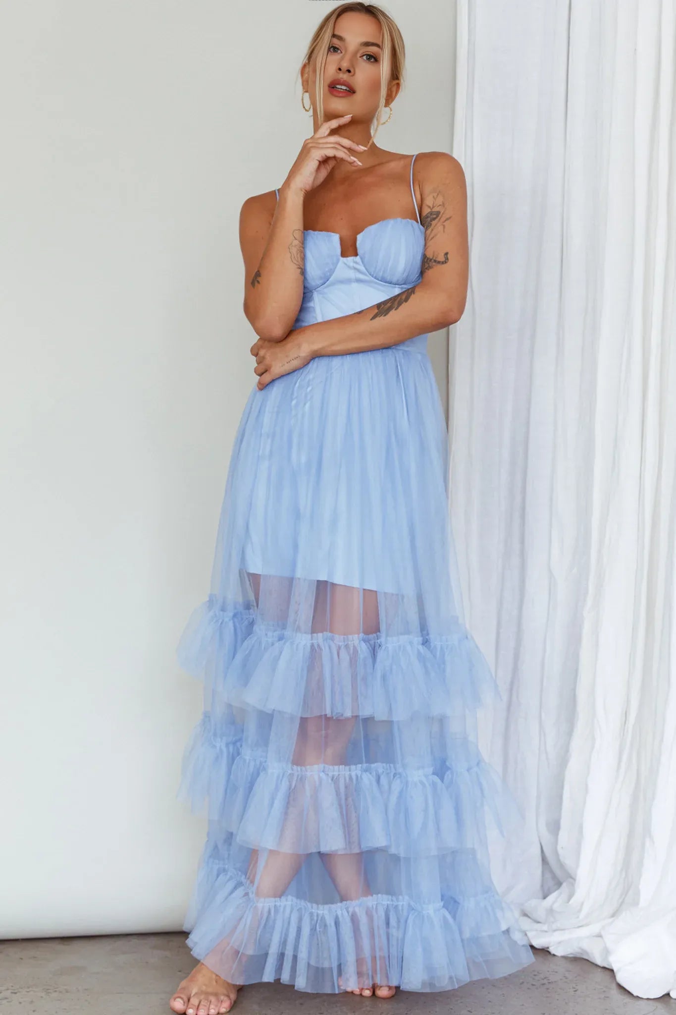 Spaghetti Straps Ruffle Mesh Sky Blue Maxi Evening Dress Party Dress
