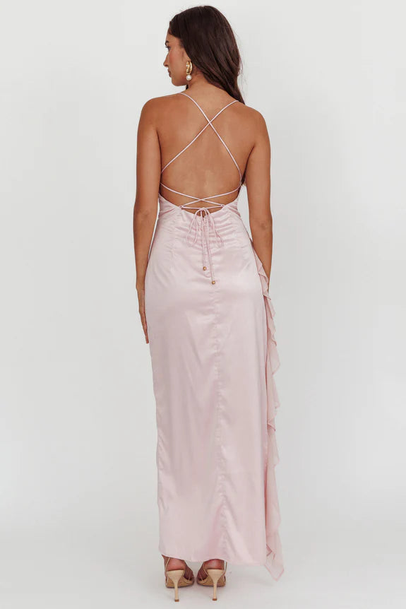 Spaghetti Straps Ruffle Satin Cheek Maxi Evening Dress With Asymmetric Hem